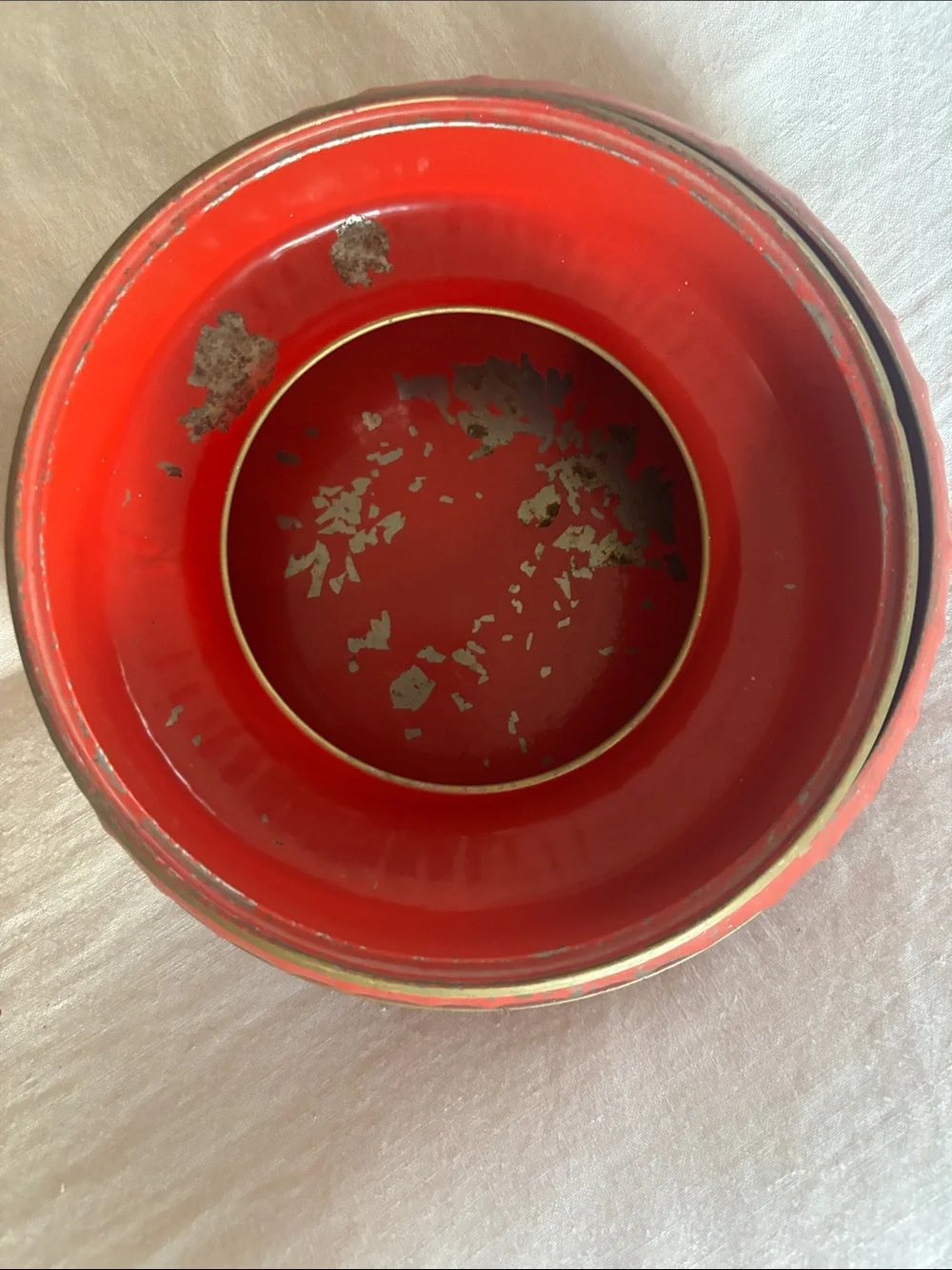 Vintage Tin red orange 1950’s 3 piece wood knob thread round metal Sewing box